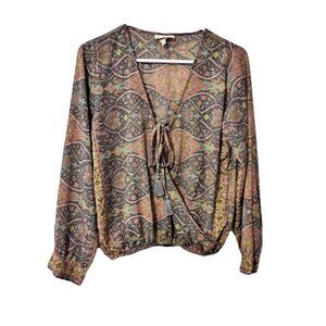 Boemo Anthro Wrap‎ Blouse Top Medium Multicolor Paisley Tasseled Tie Front Boho